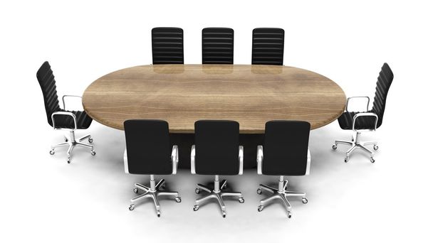 Oval wooden meeting room table with leather chairs isolated on white  - Photo, Image