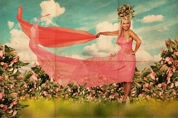 Art collage with beautiful woman in flowers - Zdjęcie, obraz