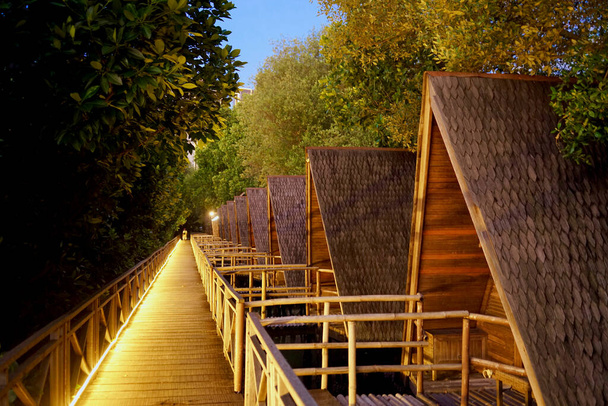 Multiple lodging in the coastal area (mangrove forest), illuminated with warm led lights in the afternoon. - Photo, Image