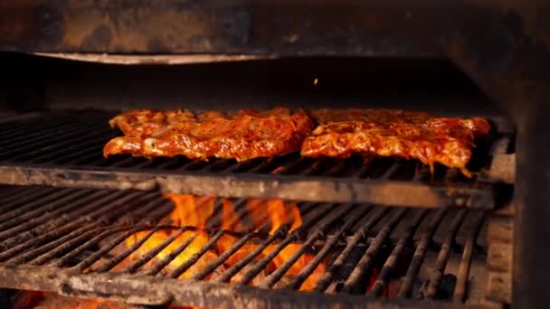 lähikuva ammatillinen keittiö grilli uuni paistamiseen kylkiluut marinadi korkeassa lämpötilassa - Materiaali, video