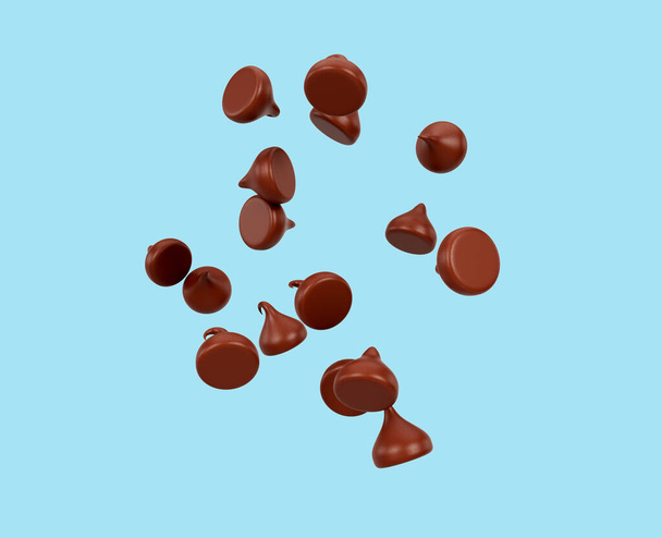 Chips de chocolate con leche o bocados de chocolate cayendo sobre fondo cian Ilustración 3d - Foto, imagen
