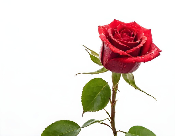 Ένα κόκκινο τριαντάφυλλο απλώνεται απαλά πάνω σε μια λευκή επιφάνεια, με τα ζωντανά πέταλα του να έρχονται σε αντίθεση με το απαλό πρωινό φως. Τα πράσινα φύλλα και το στέλεχος προσθέτουν μια φυσική πινελιά στη σύνθεση. - Φωτογραφία, εικόνα