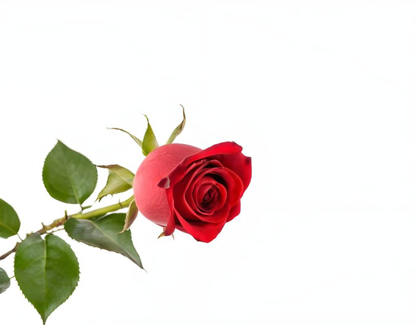 Ένα κόκκινο τριαντάφυλλο απλώνεται απαλά πάνω σε μια λευκή επιφάνεια, με τα ζωντανά πέταλα του να έρχονται σε αντίθεση με το απαλό πρωινό φως. Τα πράσινα φύλλα και το στέλεχος προσθέτουν μια φυσική πινελιά στη σύνθεση. - Φωτογραφία, εικόνα