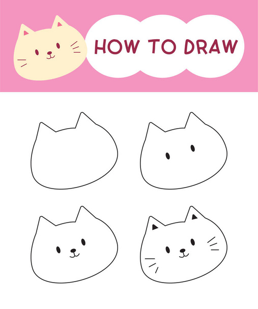 How to draw cat face cartoon step by step for learning, kid, education and coloring book. Vector illustration - Vector, Image