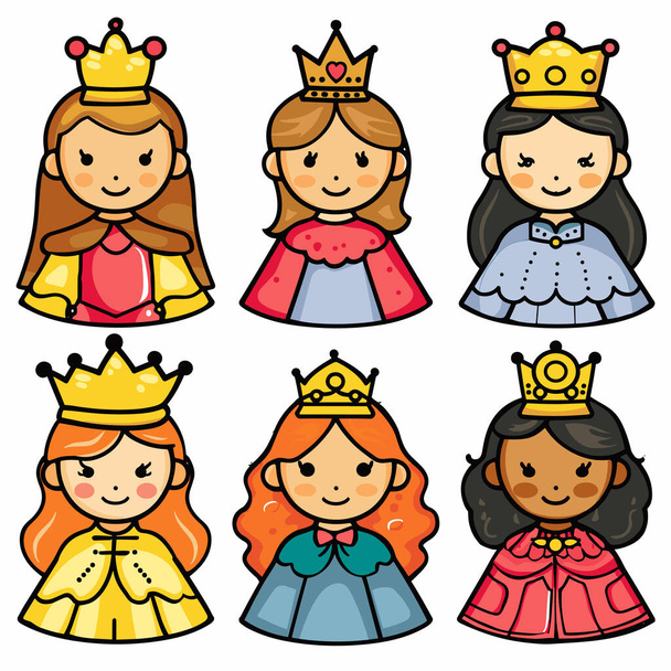 6つの漫画プリンセスは,王冠を身に着けている異なるヘアスタイルのドレスの色. 活気に満ちたカラフルなイラスト,若い女性ロイヤリティキャラクター,プリンセス笑顔,ショーケース - ベクター画像