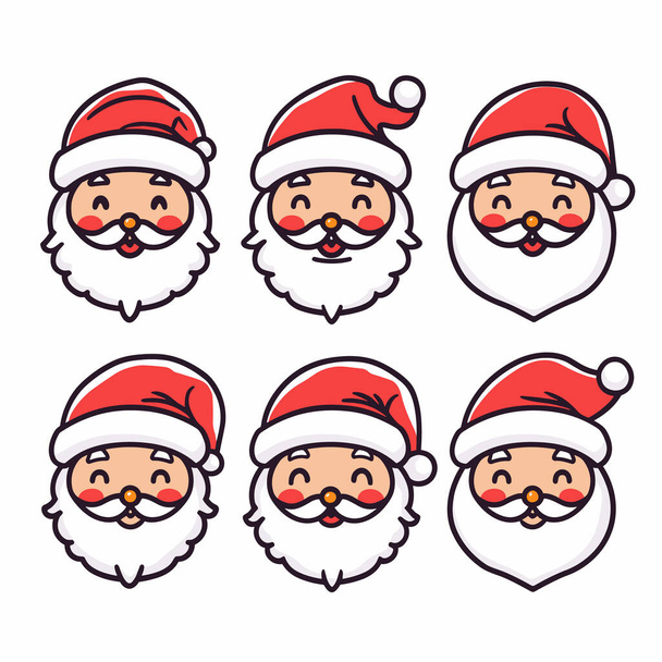 Sammlung von sechs Nikolausgesichtern, die unterschiedliche Emotionen ausdrücken. Der Weihnachtsmann hat einen ausgeprägten Gesichtsausdruck, der Glück, Überraschung und Zufriedenheit zeigt, während er traditionelle rote Hüte trägt. Cartoon-Stil - Vektor, Bild