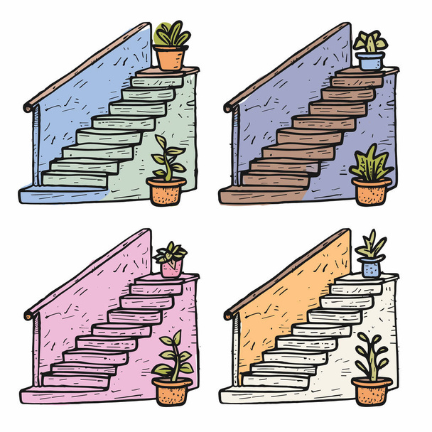 Čtyři barevné náčrtky schodiště květináče rostlin, různé odstíny textury naznačující různé design, schodiště zdobené malé květináče, přináší dotek zeleně architektonické kresby. Ručně kreslený - Vektor, obrázek