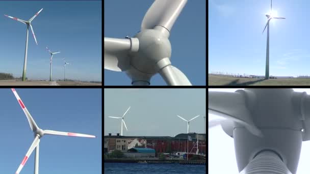 Windmills rotate in wind. Renewable energy. Video clips collage. - Footage, Video