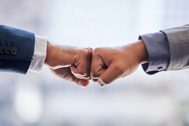 Business people, hands and fist bump for teamwork, trust and unity with support, agreement and cooperation. Closeup, coworkers or professional with hand gesture, collaboration and goals with b2b deal. - Photo, Image
