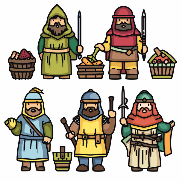 Шесть средневековых персонажей, содержащих разные предметы, красочные наряды, иллюстрации средневековых мультфильмов. Персонажи различных костюмов, корзины с фруктами, оружие, красочные векторные сцены, фермер, солдат - Вектор,изображение