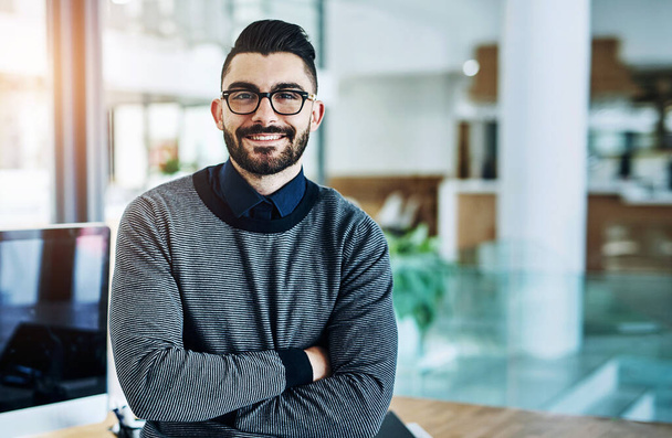 Happy, crossed arms and portrait of business man in office with company pride, confidence and smile. Creative startup, professional agency and person for career, work and job in modern workplace. - Photo, Image
