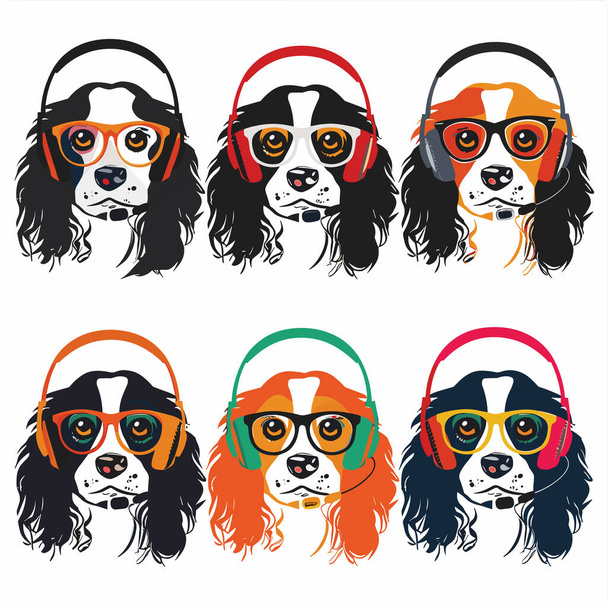 Шесть милых спаниельных собак в разноцветных очках для наушников. Это собачья экспрессивная музыка, трепетные питы. Собаки подробно, собака индивидуальный цвет наушников - Вектор,изображение