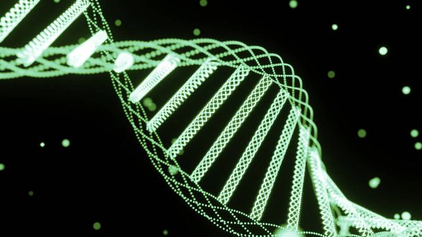 Animación de hebras de ADN giratorias. Diseño. Espiral de ADN abstracto girando verde girando sobre un fondo negro con partículas diminutas - Foto, imagen