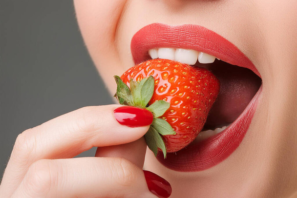 Femme mangeant une fraise fraîche. Bouche fermer - Photo, image