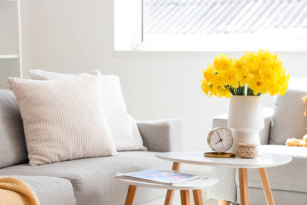 Sofás confortáveis, mesa de café e vaso com flores narcisos na sala de estar leve - Foto, Imagem