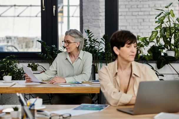 Duas mulheres maduras colaboram em laptops em uma mesa em um ambiente de escritório. - Foto, Imagem
