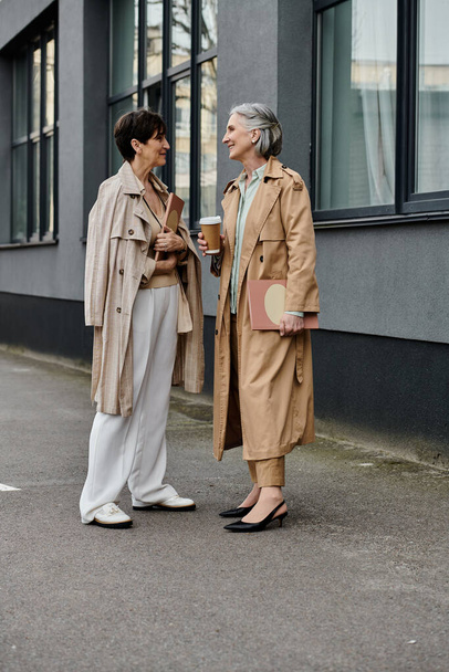 Δύο ώριμες, όμορφες γυναίκες συζητούν έξω από ένα κτίριο.. - Φωτογραφία, εικόνα