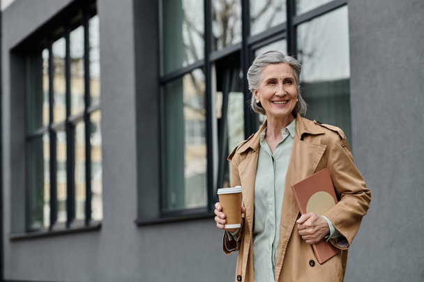 Стильна жінка в траншеї пальто насолоджується кавою. - Фото, зображення