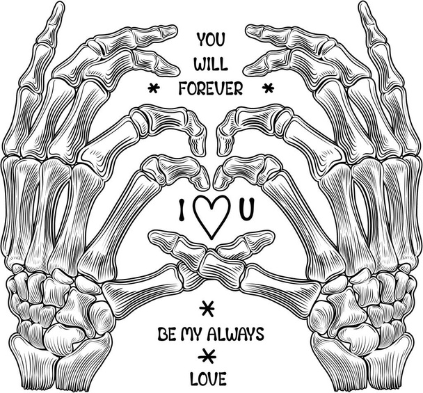 Mãos de esqueleto com palavras de amor. ilustração branca preta desenhada à mão - Foto, Imagem