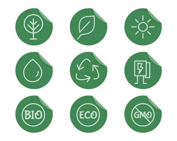 Green, Ecology and environmental protection outline icon set. Thin line design. Eco technologies. On flat green stickers. Isolated on white background. Vector - Vektori, kuva