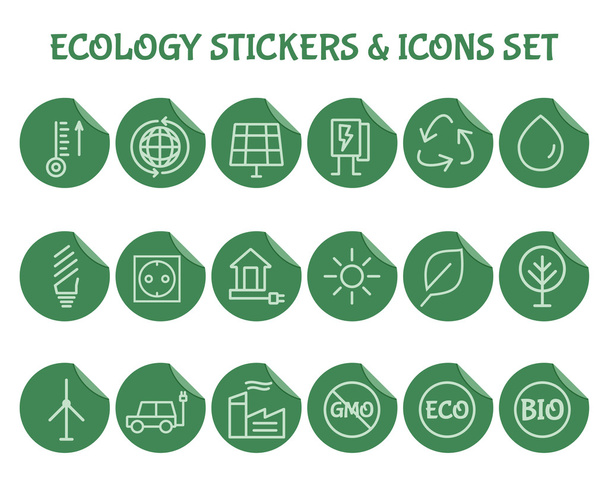 Green, Ecology and environmental protection outline icon set. Simple Thin line design. Eco technologies. On flat green stickers. Isolated on white background. Vector - Wektor, obraz