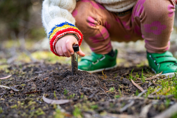 дитина бере зразок грунту для тестування грунту в полі. сімейна ферма Тестування вуглецевої секвестрації та здоров'я рослин - Фото, зображення
