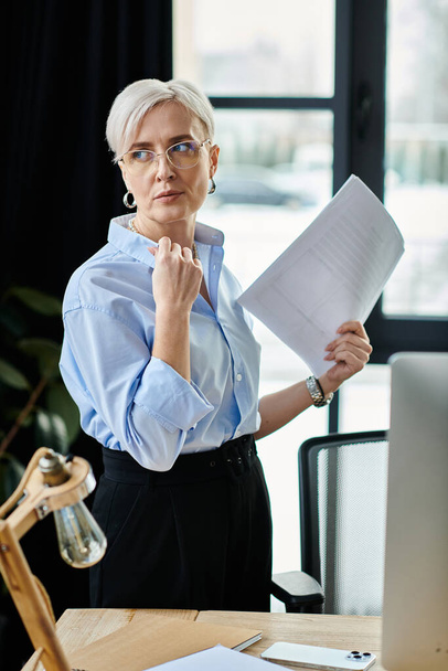 Eine Geschäftsfrau mittleren Alters mit kurzen Haaren hält einen Zettel in der Hand, während sie in einem Büro vor einem Computer steht. - Foto, Bild