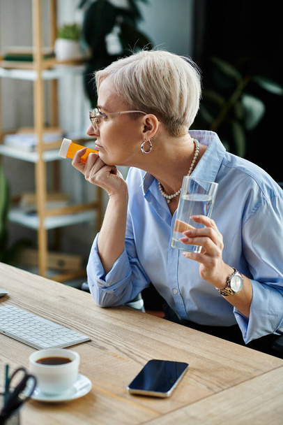 Una mujer de negocios de mediana edad con cabello corto se toma un descanso para hidratarse, sentada en un escritorio con un vaso de agua. - Foto, imagen