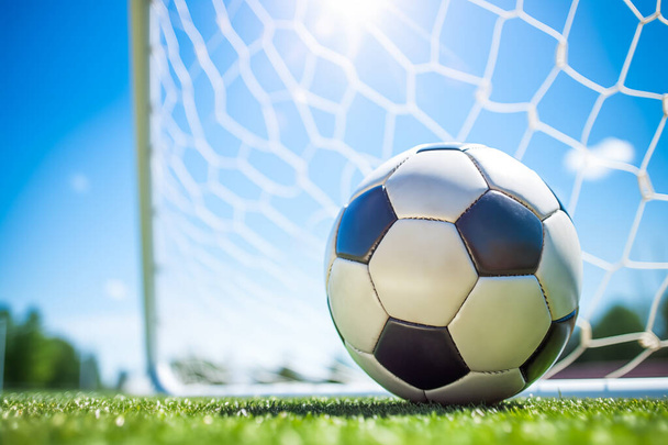 Soccer ball in goal at sunny day - Valokuva, kuva