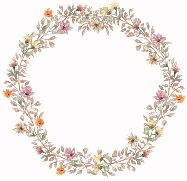 Akvarell ősz gyógynövények kiválasztása design, kerek virágok koszorú meghívó, vadvirágok keret. Rusztikus boho esküvői kártya. Akvarell menteni a dátumot meghívja. Finom réti virágok elrendezése - Fotó, kép