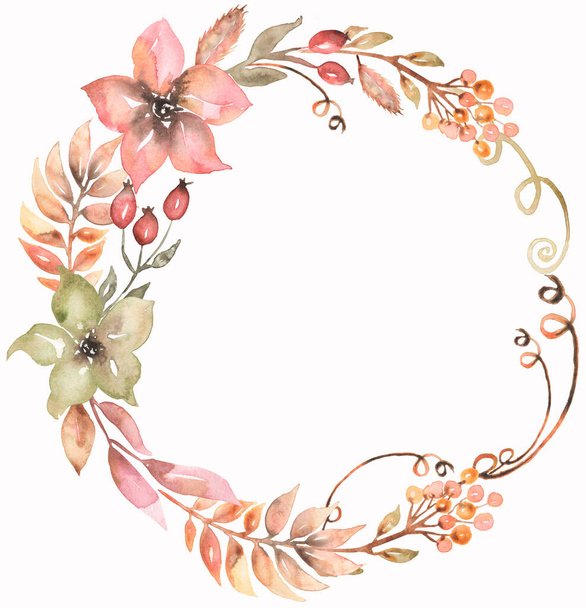Gouden frame met aquarel roze en beige bloemige compositie. Handgetekende tuinbloemen met bladeren.  - Foto, afbeelding