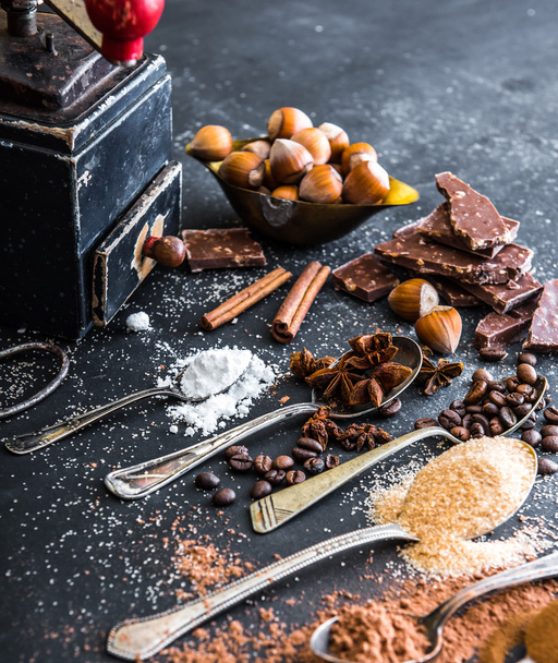Sweet spices  and chocolate on a table - Fotoğraf, Görsel
