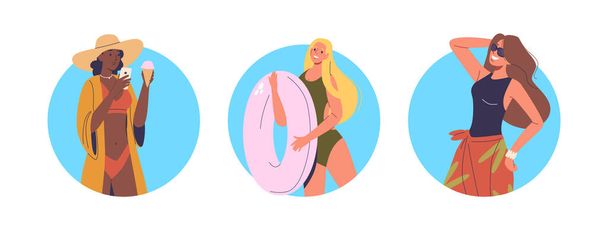 Három fürdőruhás lány élvezi a nyarat különböző tárgyakkal. Az egyiken jégkrém van, a másikon úszó, a harmadikon pedig napszemüveg. Kerek vektor ikonok látnivalók és gondtalan nyári atmoszféra - Vektor, kép