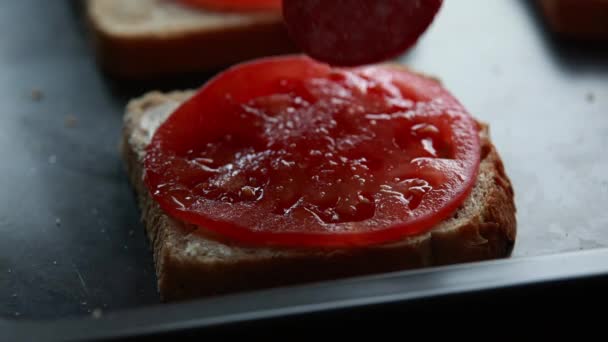 Dámské ruční příprava sendvič: salám na chléb s rajčetem - close-up stock videa - Záběry, video