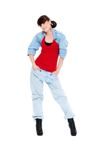 Sorridente bella ragazza in jeans blu
 - Foto, immagini