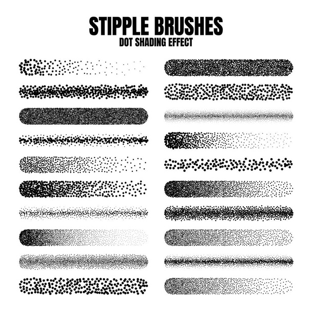 Stipple scatter brush, ink drawing and texturing. Fading gradient. Stippling, dotwork drawing, shading using dots. Halftone disintegration effect. White noise grainy texture. Vector illustration. - Vector, Image