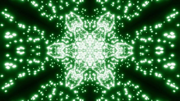 Forma caleidoscópica floral absorbiendo diminutas partículas brillantes. Diseño. Figura simétrica pulsante y puntos voladores - Foto, Imagen