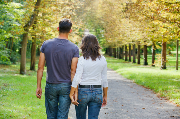 Young Couple Walking in autumn park - Fotoğraf, Görsel