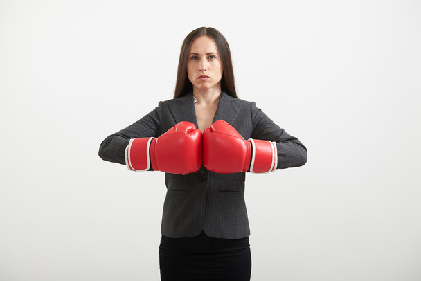 businesswoman in red boxing gloves - Photo, Image