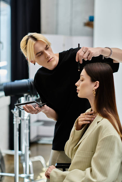 Pretty woman receives a stylish makeover from a talented male stylist. - Photo, Image