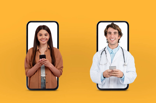 Nainen ja lääkäri osallistuvat ystävälliseen digitaaliseen kuulemiseen älypuhelimillaan. Tausta on elinvoimainen keltainen, luo iloinen tunnelma. - Valokuva, kuva