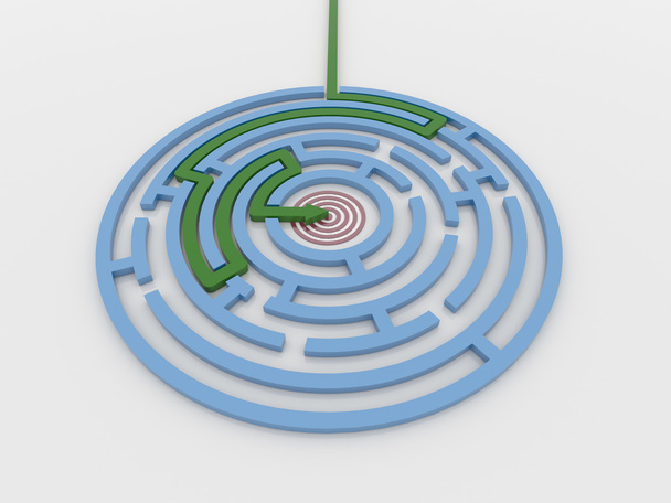 Labyrinth 3D-Renderer mit grünem Pfeil zum Ziel - Foto, Bild