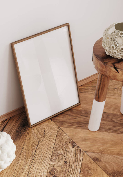 Wooden frame mockup close up standing near chair and vase in interior, 3d render - Photo, Image