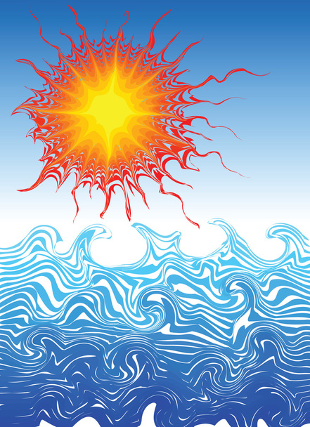 Echt hete zomerzon boven de oceaan - vector illustratie - Vector, afbeelding