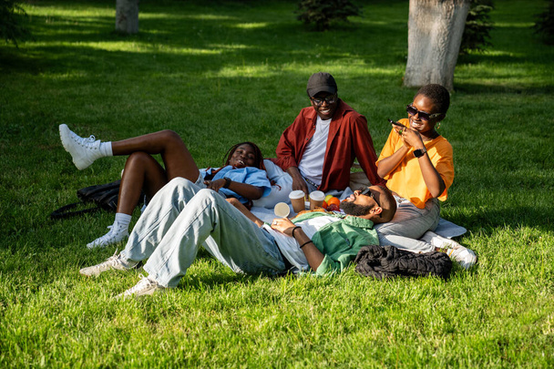 Skupina uvolněných mladých Afroameričanů, kteří se povalují na zelené trávě, mají venkovní piknik, poflakují se, tráví spolu čas. Čtyři veselí černí studenti odpočívají v parku na kostkovaných kostkách. Přátelství. - Fotografie, Obrázek