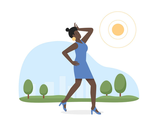 Donna in abito che soffre di caldo sole in estate, ragazza che cammina in calore vettoriale illustrazione - Vettoriali, immagini