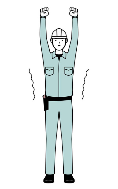 Человек в шлеме и рабочей одежде растягивается и стоит высоко, векторная иллюстрация - Вектор,изображение