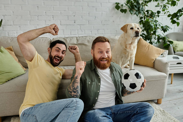 Бородатая пара расслабляется на диване, держа футбольный мяч, наслаждаясь игрой вместе со своим лабрадором в гостиной. - Фото, изображение