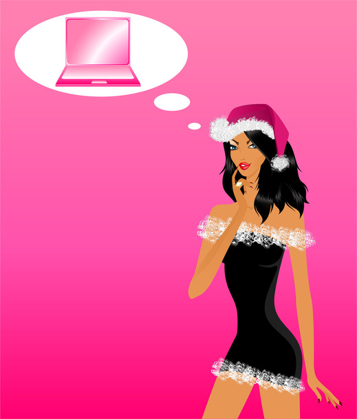 Beautiful girl in the suit of snow maiden dreams about a laptop in a gift - Vector, Image