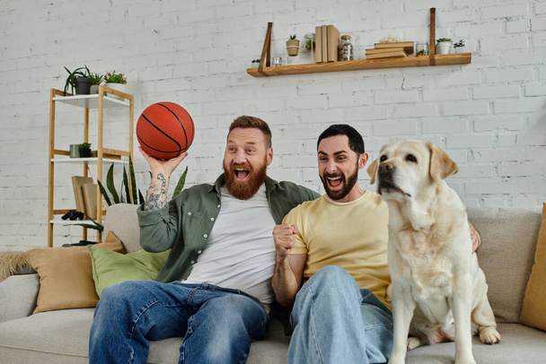 Two bearded men relax on top of a couch next to a friendly Labrador dog in a cozy living room setting. - Photo, Image